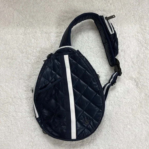 Oliver Thomas Navy Blue Maxxed Out Quilted Tennis Sling Bag with White Accents - Picture 2 of 13